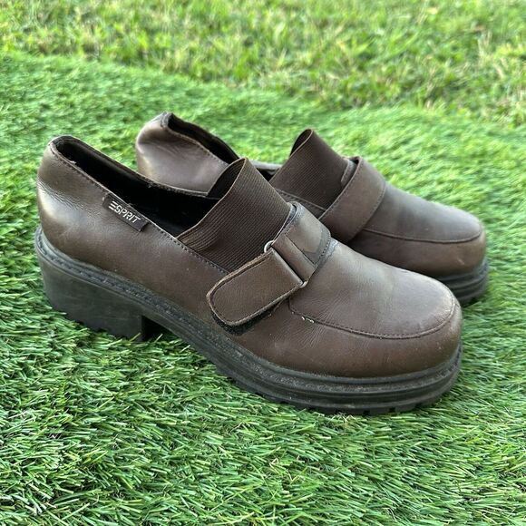 Vintage 90'S Esprit Shoes Womens Size 7 Chunky Heel Slip On Leather Bratz Brown - Picture 2 of 7